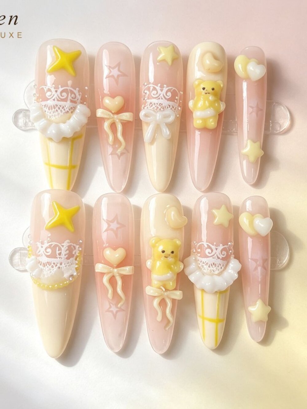 Dreamy Kawaii 3D Bear Lace Bow Long Almond Press On Nails